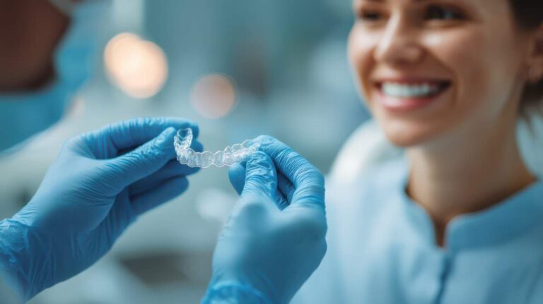 A patient sitting in a dental chair while a professional examines their braces or aligners.